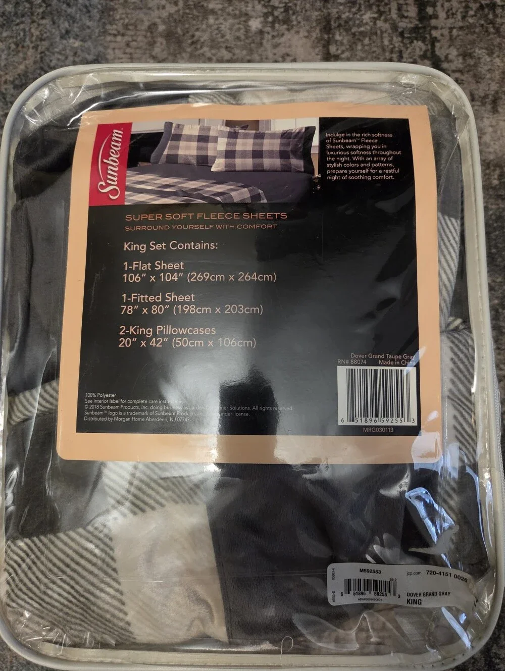 Sunbeam Super Soft Fleece Sheets King Set - Dover Grand Gray Plaid